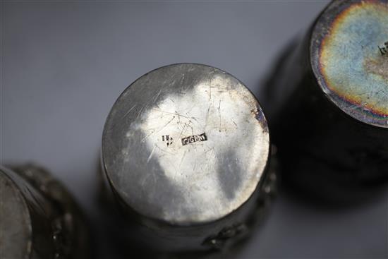 A late 19th/early 20th century Chinese Export silver cocktail shaker and 6 silver tots by Wang Hing, Hong Kong,